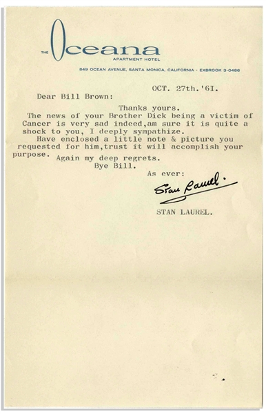 Stan Laurel Letter Signed With His Full Name -- Laurel Sends His Sympathies Following a Cancer Diagnosis